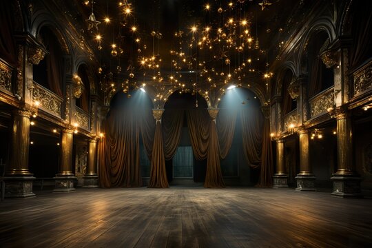 stylist and royal Magic theater stage golden curtains Show Spotlight, space for text, photographic