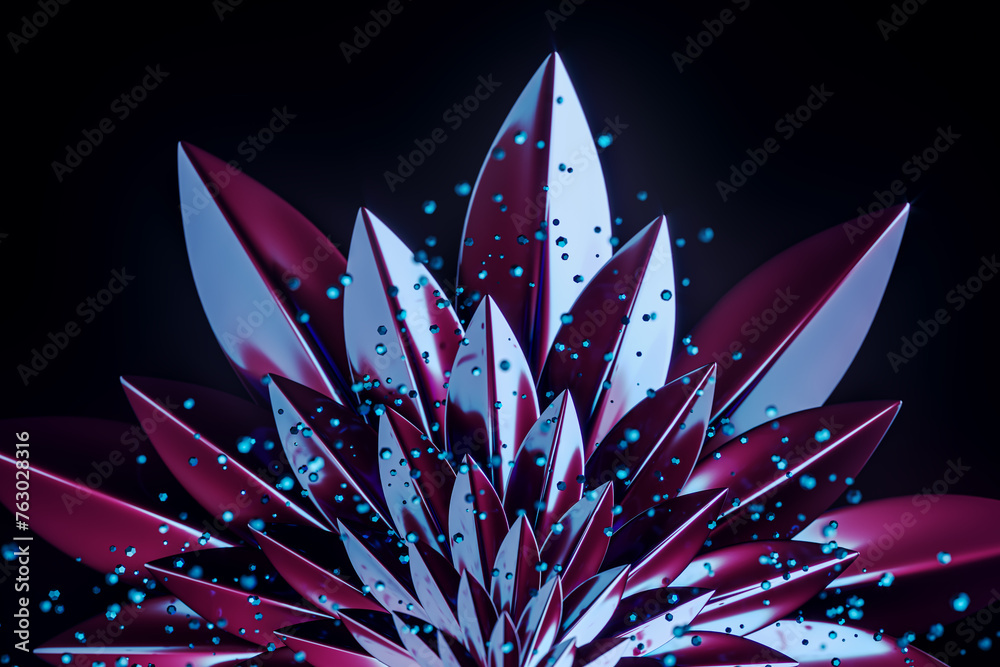 Poster futuristic metallic flower with blue and magenta petals and glowing particles on a dark background. 