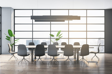 Bright conference room interior with wooden flooring, window and city view. 3D Rendering.