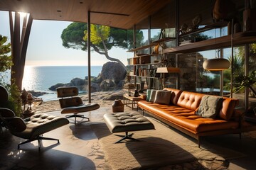 stylist and royal mid-century modern beachfront villa interior design, space for text, photographic