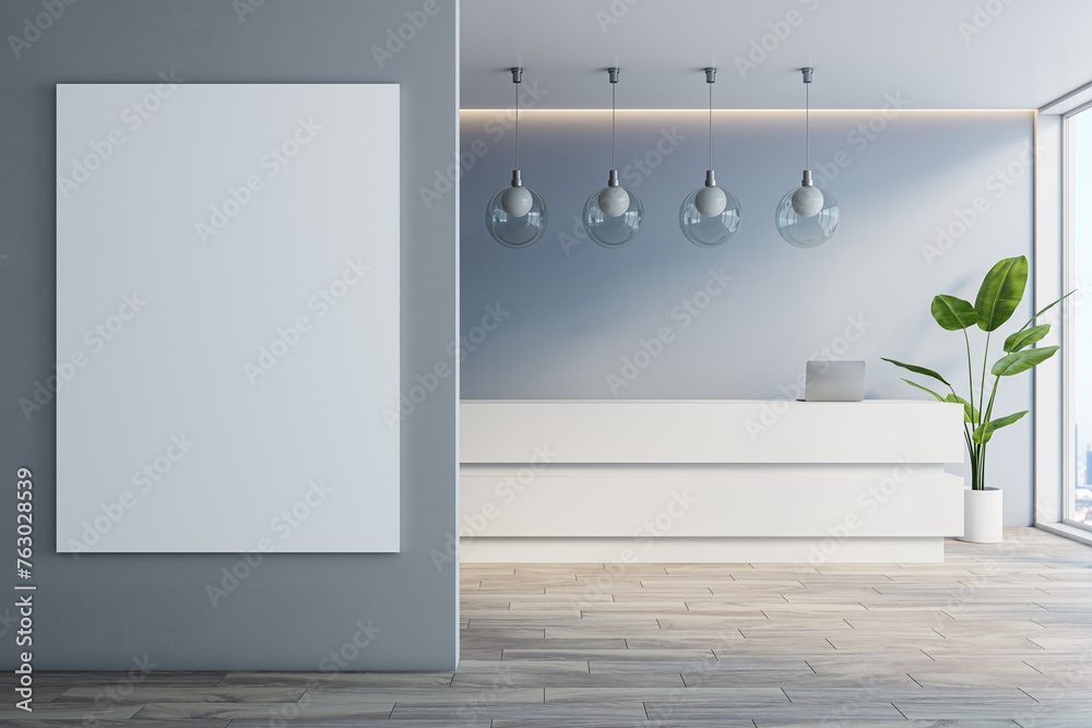 Poster modern office lobby with blank mock up banner on wall, white reception desk and concrete walls, wind
