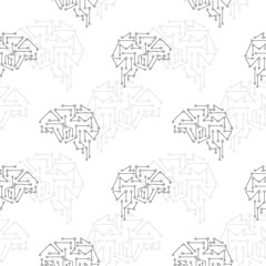 Fototapeta na wymiar Circuit brain black vector seamless pattern. Brain shape background illustration, wallpaper. Technology, science, futuristic mind
