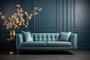 stylist and royal Mock up interior for living room, luxury blue sofa in gray background, space for...