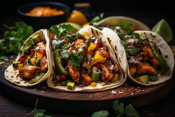 Mexican chicken and beef fajitas tacos with avocado, onion, and cilantro on colorful wooden table
