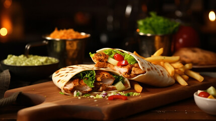 Delicious shawarma served on wooden board on table in