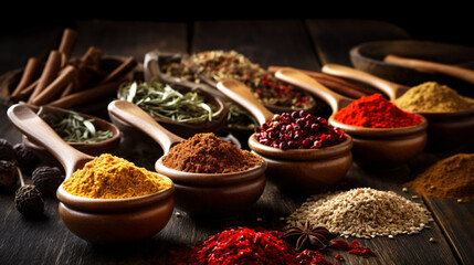 Different kinds of spices on wooden background ..