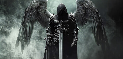 Dark Warrior with Angel Wings and Sword in Fog - obrazy, fototapety, plakaty