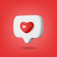 3D white bubble with red heart. Love emoji 3d icon. Like and play in white bubble icons. 3d render glossy plastic heart. Vector illustration.