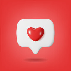 3D white bubble with red heart. Love emoji 3d icon. Like and play in white bubble icons. 3d render glossy plastic heart. Vector illustration.