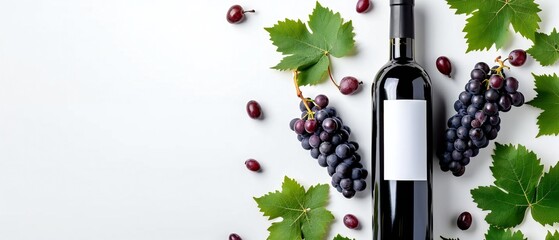 Red Wine Bottle with Grapes on White