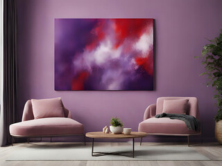 abstraktes lila rotes Bild an einer violetten Wand über 2 Sesseln