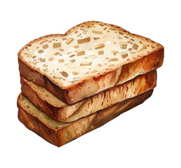 Watercolor painting of sliced bread. Light wheat bread in slices. Food for breakfast, watercolor. Vector illustration