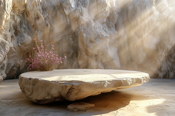 A rock platform podium resembling a natural rock cliff against a stone background - obrazy, fototapety, plakaty