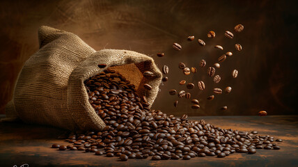 A burlap sack overflowing with roasted brown coffee beans, aromatic fuel for countless mornings - obrazy, fototapety, plakaty