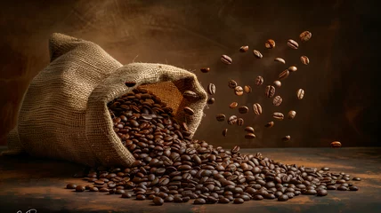 Foto op Aluminium A burlap sack overflowing with roasted brown coffee beans, aromatic fuel for countless mornings © Coffee Cafe Lover