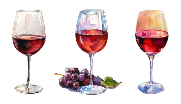 Set of watercolor glass jugs with red wine. Red wine in a glass. Vector artistic watercolor illustration
