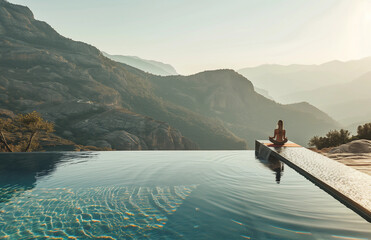 Woman doing yoga in the morning light at an infinity pool with mountain view