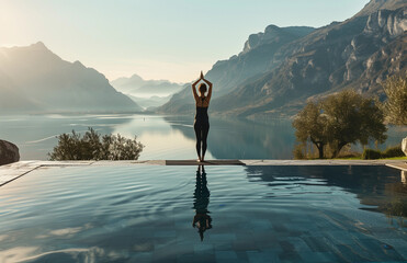 Woman doing yoga in the morning light at an infinity pool with mountain view