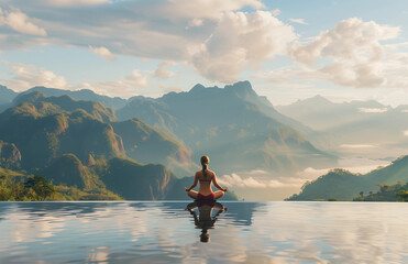 Woman doing yoga in the morning light at an infinity pool with mountain view