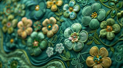 Textured Teal Fabric with Embroidered Flowers in Artistic Pattern

