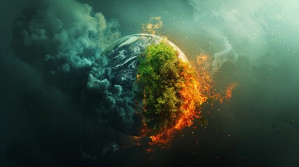 Obraz na płótnie Canvas Conceptual Earth Illustration of Climate Change with Fire and Smoke