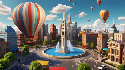 A city square with hot air balloons.