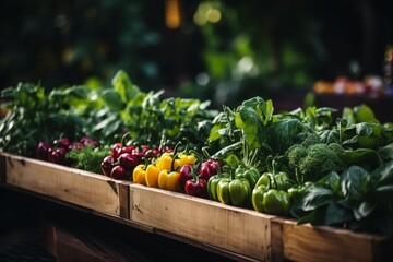 Organic farmers market, fresh vegetables in wooden boxes - vegetarian and vegan food background