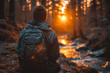 A young trekking traveler dressed in sport hiking clothes.