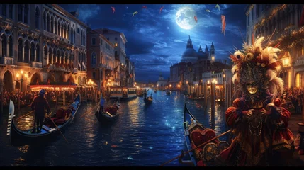 Photo sur Plexiglas Pont du Rialto A grand Venetian carnival scene, elaborate masks and costumes, gondolas on the canal under moonlight. Resplendent.