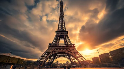 Fotobehang Eiffel Tower against cloudy sky Paris © Cybonix