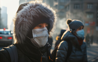 people wearing mask in the city with air pollution