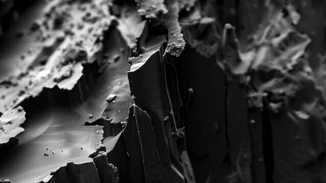 An electron microscopic image shows the surface of a supercapacitor coated in layers of carbon nanosheets. The rough jagged surface is a result of the unique properties of