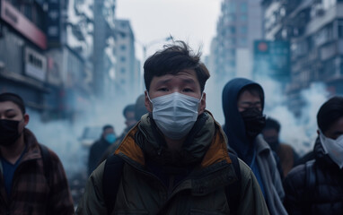 Fototapeta premium people wearing mask in the city with air pollution