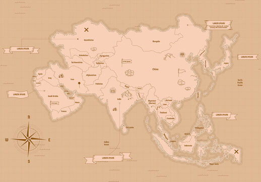Vintage Asia Map Vector Layout
