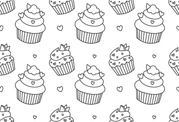 Cupcakes seamless pattern. Desserts and sweets in doodle style