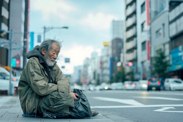 道に座り込むホームレス男性