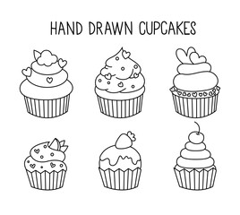 Cupcakes doodle set. Desserts and sweets in sketch style. Hand drawn vector illustration isolated on white background