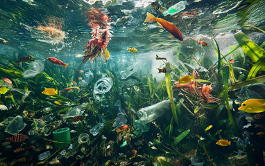 plastic waste underwater with sea life - obrazy, fototapety, plakaty