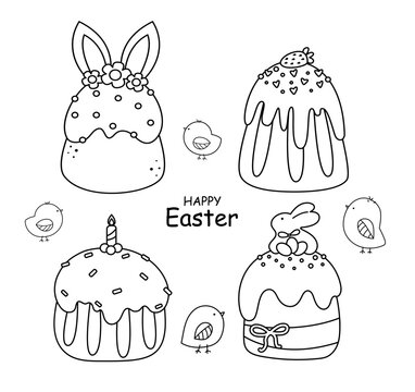 Black outline of Easter cake. Easter coloring book
