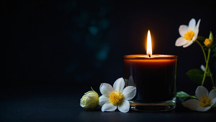 Four lit candles with white flowers next to them on a black background

