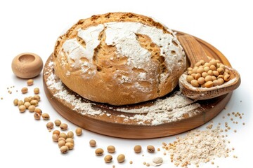 Bread with soy flour on kitchen bench with soy beans and white isolated background. Front view.