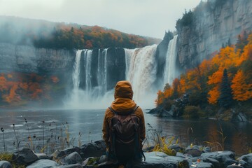Person With Backpack Standing in Front of a Waterfall - obrazy, fototapety, plakaty