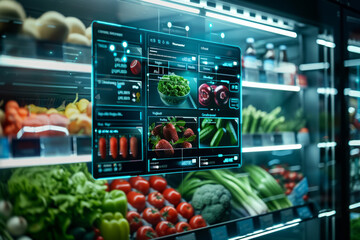 A digital display of a grocery store with a variety of fruits and vegetables. The display is illuminated and he is a part of a larger digital system - obrazy, fototapety, plakaty