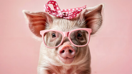 Portrait of a cute little pig wearing pink glasses on a pink background