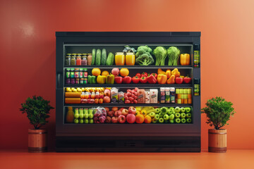 A large refrigerator filled with fruits and vegetables. The refrigerator is surrounded by potted plants and a wall
