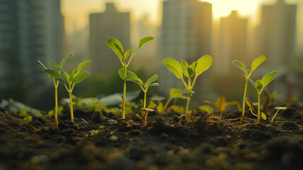 A group of small plants are growing in a dirt field. The field is surrounded by buildings, giving the impression of a cityscape - obrazy, fototapety, plakaty