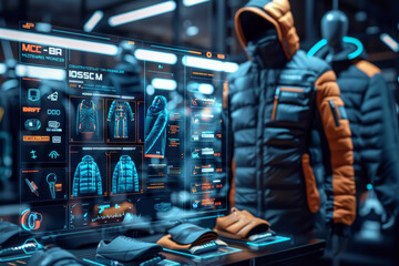 A display of clothing with a computer screen showing a man's outfit. The outfit is a black and orange jacket with a hood - obrazy, fototapety, plakaty