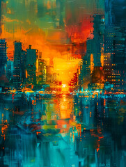 Abstract Painting of a City.  Generated Image.  A digital illustration of an abstract painting of a city at sunset as decorative art with reflections and a grid effect.