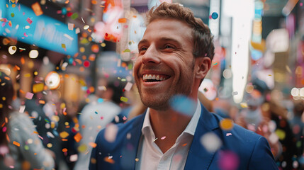 happy business person wearing a suit throwing confetti in a downtown city street - obrazy, fototapety, plakaty