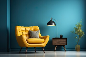 stylist and royal Modern interior room with armchair.Blue and yellow wall background